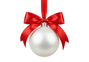 White christmas ornament with red bow isolated on transparent background