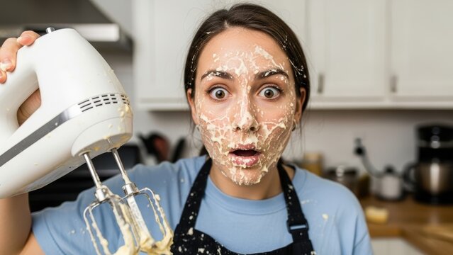 A surprised woman holding a hand mixer with batter splattered on her face.
