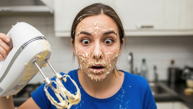 Woman with a shocked face covered in cake batter from a mixer.