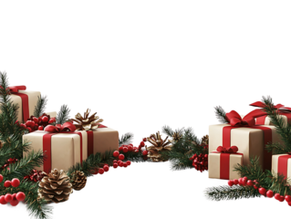 Christmas gifts with pine and berries isolated on transparent background