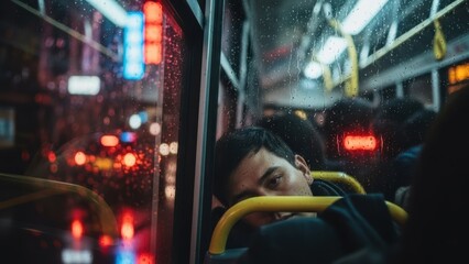 Obraz premium An exhausted man sleeps on a rainy night bus.