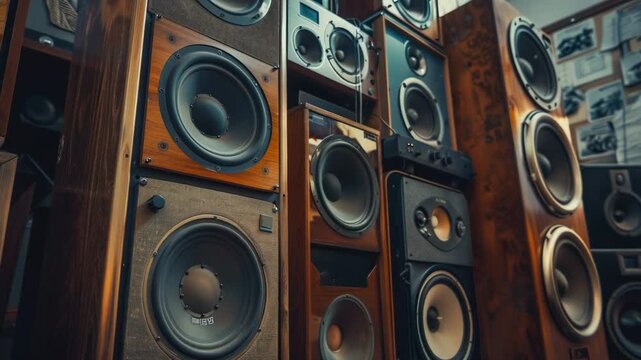 A stack of speakers piled one on top of the other, a humorous and quirky arrangement