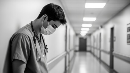 Tired, sad doctor in a mask leans against a hospital corridor wall.