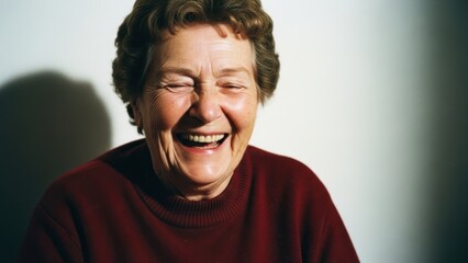 Fototapeta premium An elderly woman with short brown hair laughing heartily with her eyes closed.