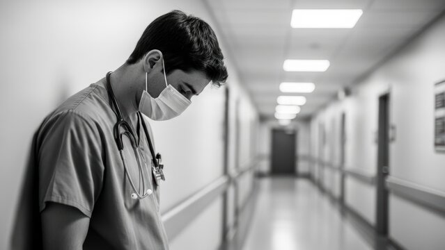 Tired, sad doctor in a mask leans against a hospital corridor wall.