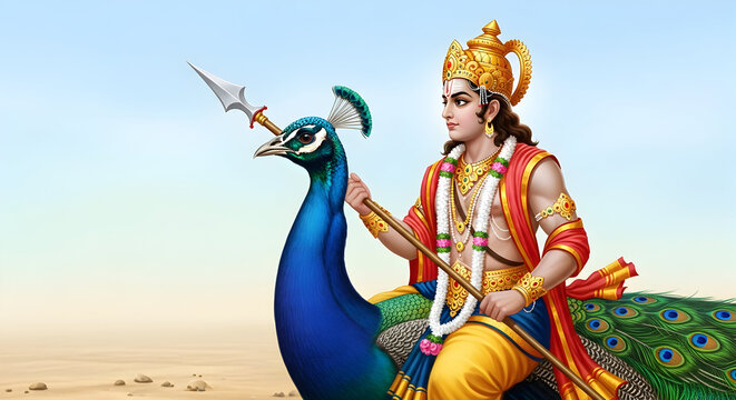The hindu god Lord Murugan riding his peacock vahana
