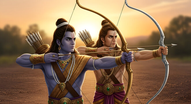 Lord Rama and his brother Lakshmana with bows and arrows