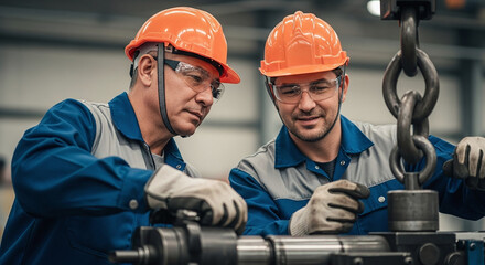 Two male factory workers in hard hats collaborating on machinery