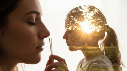 A double exposure merging a woman smelling a scent and a child's silhouette against the sun.