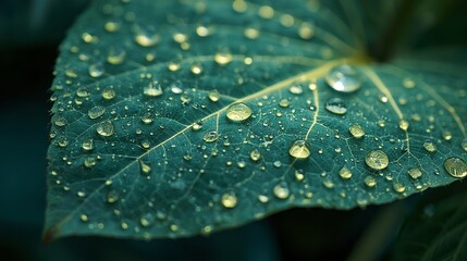 Close up of a green leaf covered in many small water droplets