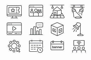 Event stage streaming room digital interaction controls planner icon banner list vector