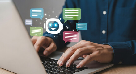 A person is typing on a laptop with AI chat bubbles floating above. The AI icon is a friendly robot face with text boxes. | Futuristic Holographic Generative icon