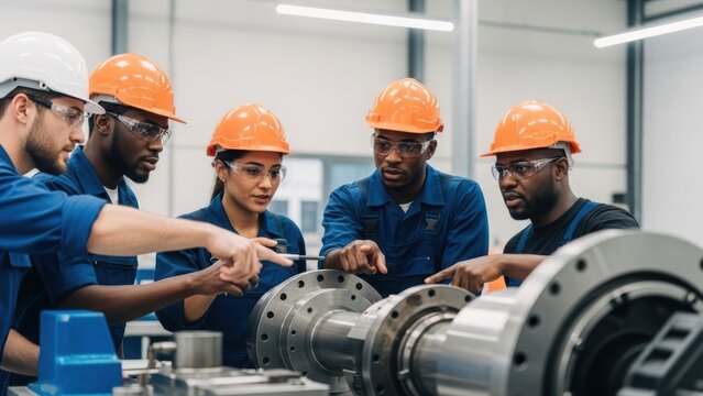 A diverse team of male and female engineers discussing a piece of industrial equipment.