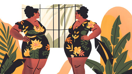 Empowering Plus Size Women Positively Reflecting in Front of Mirror