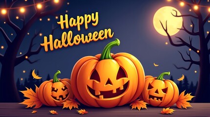 Whimsical Halloween Pumpkin: Bright Orange Carving with Friendly Smile, Sparkling Lights, Spooky Trees, Autumn Leaves, and Golden ‘Happy Halloween’ Under the Full Moon