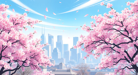 Pink cherry blossoms frame a distant city skyline under a blue sky anime pink flowers