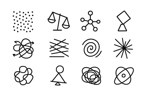 Icons chaotic block disarrayed collapsing state vector node visual entropy orbit mass