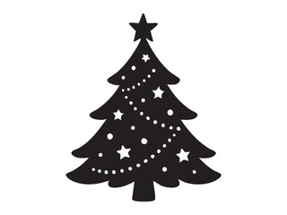 Black silhouette of christmas tree adorned with star and ornaments, isolated on white background. concept of holiday decor, festive season, winter celebration, icon, design element