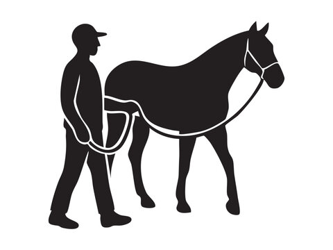 Black silhouette of man leading horse, isolated on white background. concept of equestrian, animal care, outdoor activity, companionship, training, icon, logo, design element