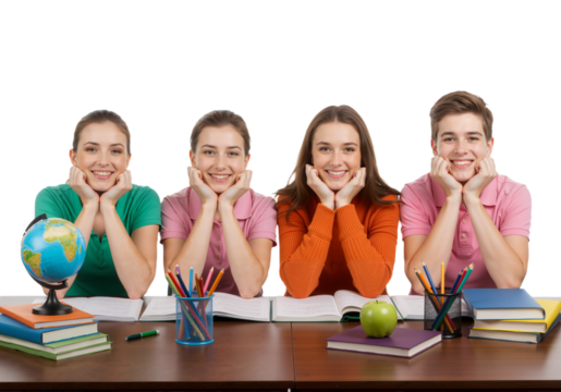Four Smiling Students with Books and Globe Ready for Learning and Education