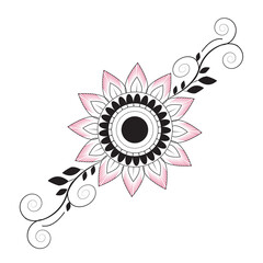Abstract dark floral mandala with red accents on black background