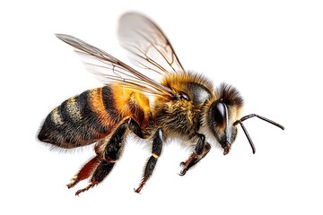 Macro shot of stunning bee flying isolated against white backdrop
