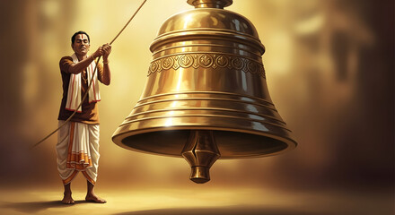 A devotee ringing a giant bell in a hindu temple