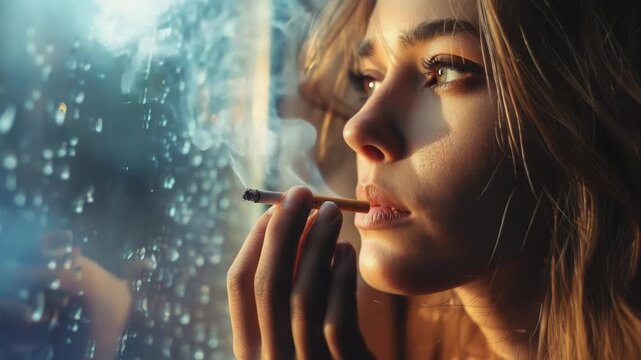 A woman stands in front of a window, smoking a cigarette