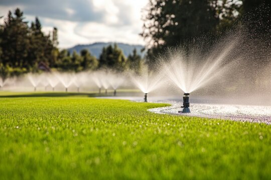 Automatic sprinklers release gentle water streams across a vibrant green lawn, ensuring thorough irrigation on a warm summer day in a residential area, promoting healthy grass growth