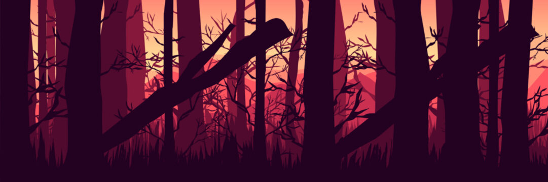Cinematic thriller background for an intense Halloween event. Ominous red dawn over a dead forest for a survival theme.