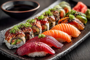 Assorted Sushi Nigiri And Rolls With Salmon Tuna And Eel On Slate Plate With Wasabi Soy Sauce And Ginger Closeup

