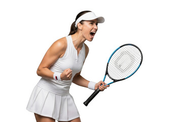 Excited female tennis player celebrating victory isolated on transparent background