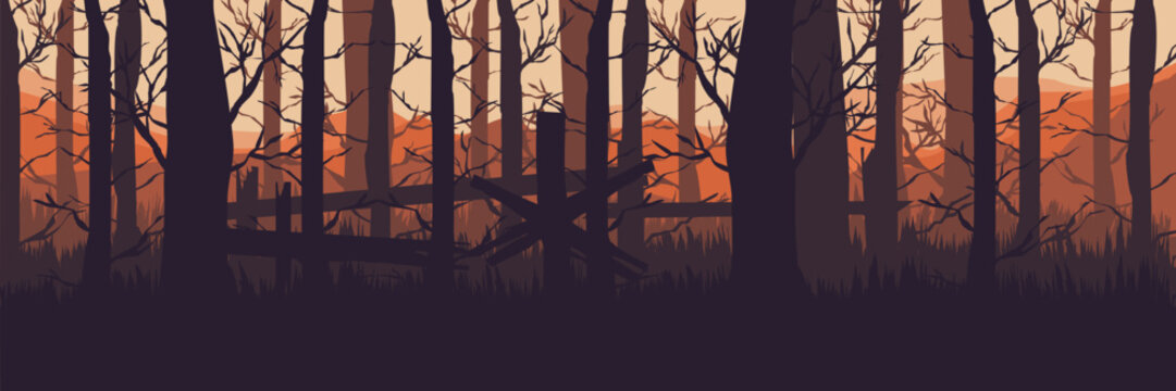 Background for a haunted hayride or spooky trail attraction. Eerie dead forest for a Halloween festival event.
