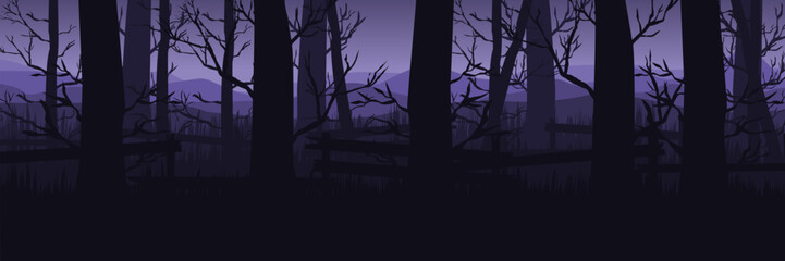 Haunted forest background for Halloween sale banner. Spooky purple night woods vector for event promotion or advertisement.