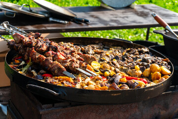 Grilled Meat Skewers and Roasted Vegetables on Open Fire