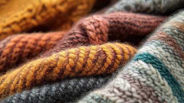 A close-up of colorful knitted fabrics showcasing intricate patterns and textures, highlighting the warmth and coziness of wool garments.