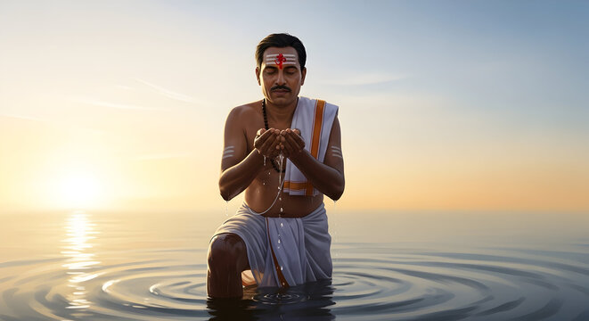 Brahmin performing surya arghya in sacred river sunrise illustration