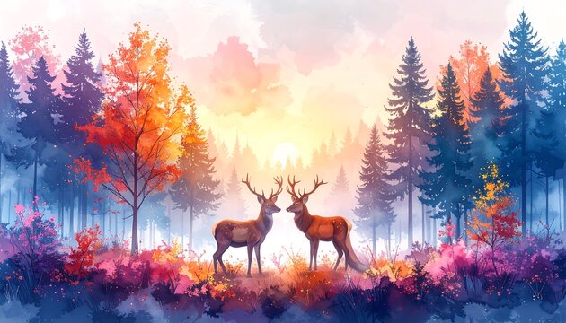 Autumn forest scene with two deer