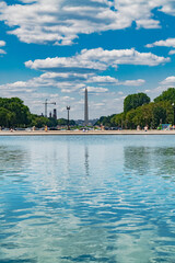 Bright blue skies over the Washington Monument and reflection in the water of the Reflecting Pool.
