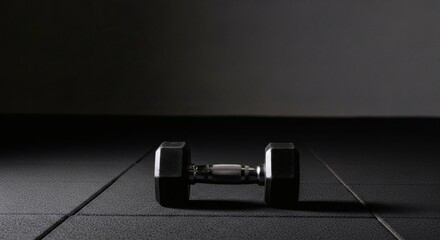 A single metal dumbbell rests on a dark, tiled gym floor with a moody, shadowed background.