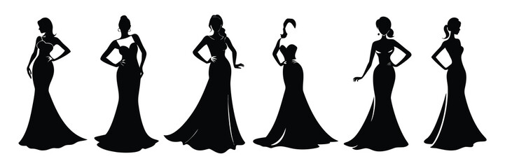 Silhouettes of women in evening gowns