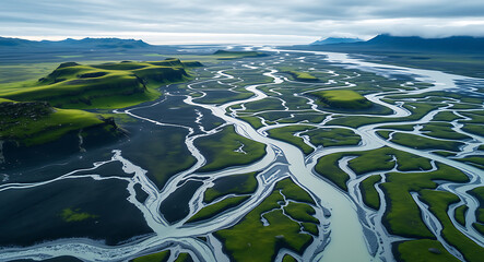 Vast braided river delta with green mossy islands aerial water