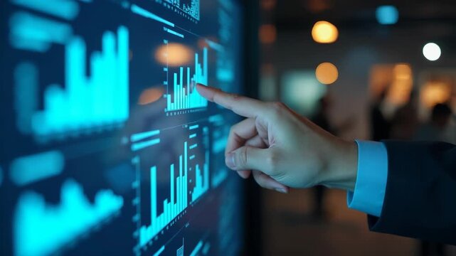KPI Concept. Analyzing Key Performance Indicators. Businessman using digital screen to analyze key performance indicators (KPI) with various graphs and charts, data analysis, and plots.