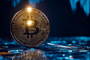 Glowing Bitcoin symbol illuminates a high-tech digital globe set against a dark blue background. The visual represents the rise of cryptocurrency in a digital economy