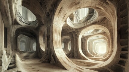 A surreal architectural space with intricate circular designs and soft lighting, creating an ethereal atmosphere.