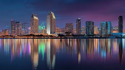 Obraz premium Stunning San Diego skyline illuminated at night with vibrant colorful reflections shimmering on the calm bay waters, a perfect urban panorama.
