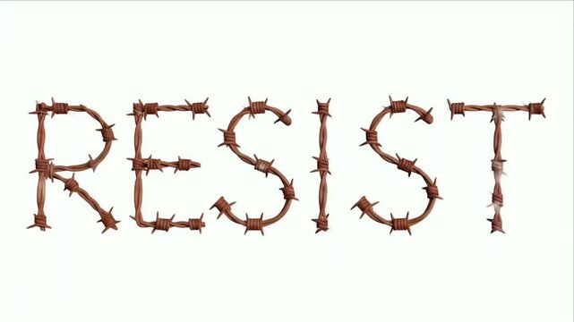 The word resist constructed from barbed wire against a white background symbolic of defiance