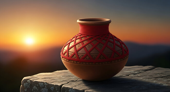 Rustic indian clay water pot Matka at sunset