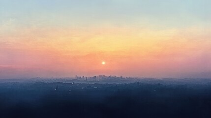A serene sunset over a city skyline, with soft pastel colors illuminating the horizon and creating a tranquil atmosphere.