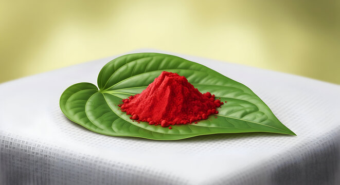 Sacred Kumkum powder on a betel leaf for hindu puja offering